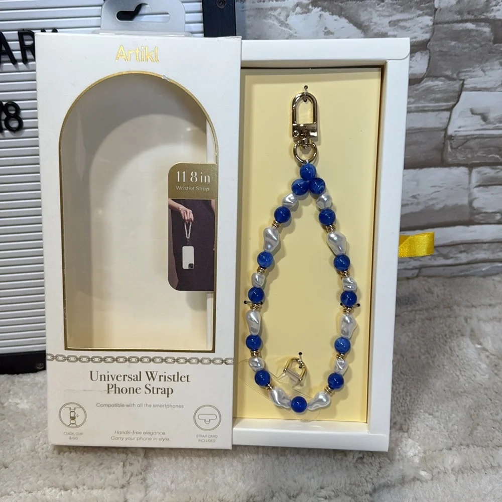 ARTIKL Santorini Pearl & Blue Bead Wristlet Phone Strap - Blue & White